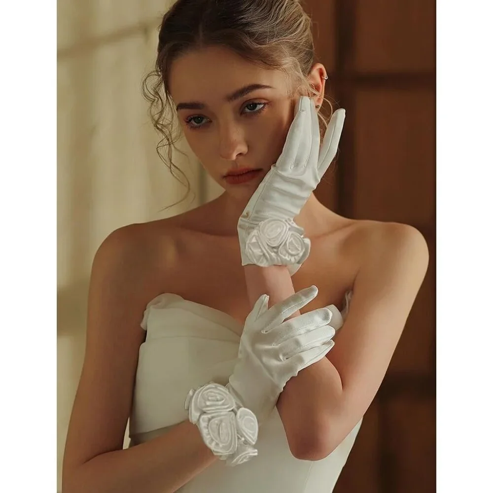 Women's Burgundy Elegant Floral Satin Short Gloves Wedding Party Accessories
